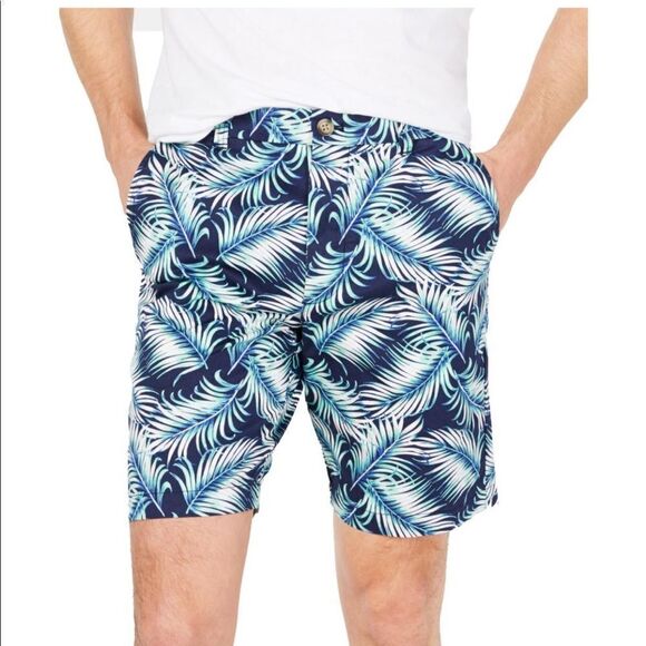 New CLUB ROOM Palm Leaf Tropical Print Shorts Navy Blue White Aqua Green 38 - Picture 1 of 6